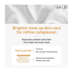 Brighter tone up skin care for refine complexion. Improves uneven tone kin into lively and even look. Niacinamide. Tone up. Skin Surface improvement. vitamin C / Sea Buckthorn Fruit Extract. Improve skin elasticity. Protect skin cells.