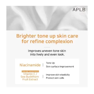 APLB Brighter tone up skin care for refine complexion. Improves uneven tone skin into lively and even look. Niacinamide. Tone up Skin surface improvement. Vitamin C / Sea Buckthorn Fruit Extract. Improve skin elasticity protect skin cells.